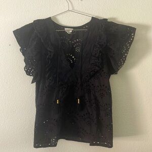 Nicole Miller Artelier Eyelet V-Neck Cap Sleeve Blouse Black Sz Medium